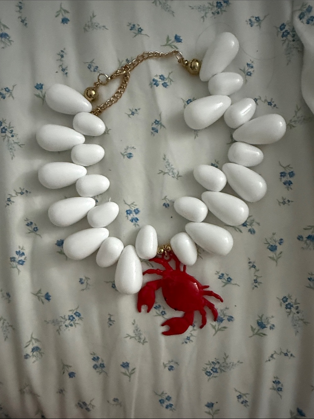 Statement White Bead Necklace with Red Crab Pendant